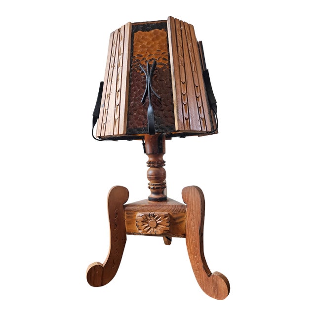 Early 20th Century Arts and Craft Wood and Slag Glass Lamp Hand Carved Panels and Wrought Iron Accents For Sale