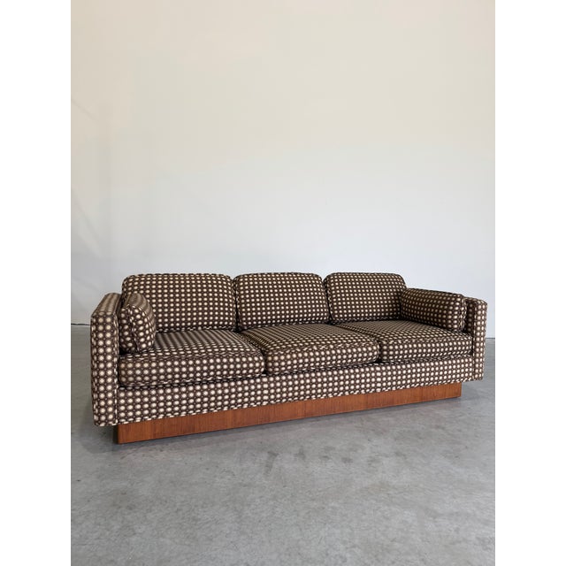 Vintage Mid Century Circles Mod Print 3 seat sofa. Brown and white geometric circle fabric on a clean timeless tuxedo...