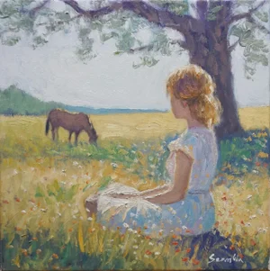 Sean Wu Original Oil Painting, Girl and Her Horse
