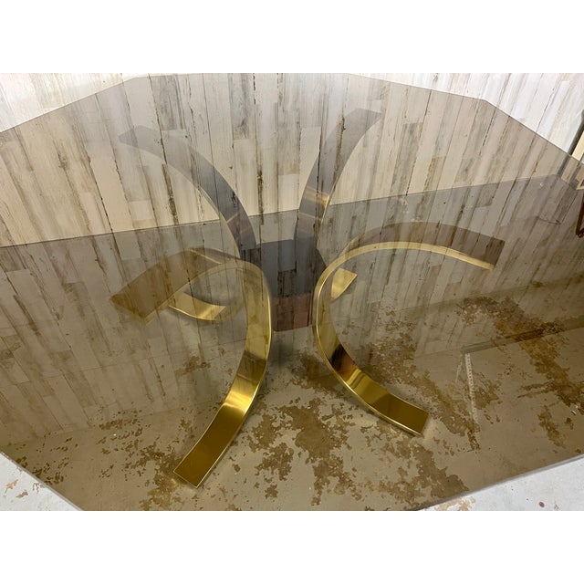 1980s 1980s Mastercraft Style Brass, Burl, & Smoked Glass Dining Table For Sale - Image 5 of 13