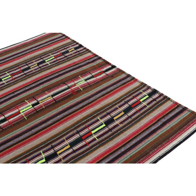 1950s 1950s Vintage Chaput Kilim Rug in Red and Brown, Multicolor Stripe Patterns-3'x9'6'' For Sale - Image 5 of 7