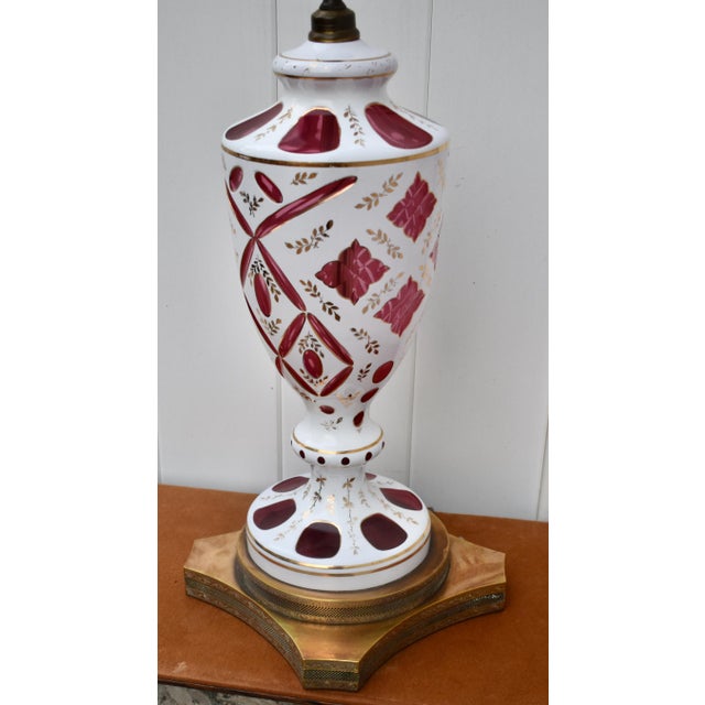 Cranberry Glass and Brass Lamp Vintage Table Bohemian Czech Hand Painted For Sale In Philadelphia - Image 6 of 18