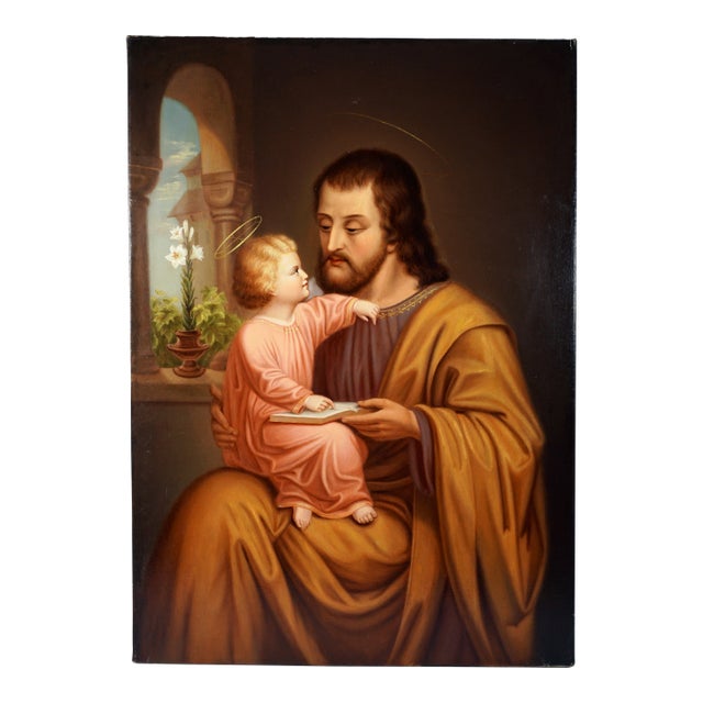 Antique Religious Portrait of Saint Joseph & Baby Jesus French or Austrian School Oil Painting on Canvas For Sale