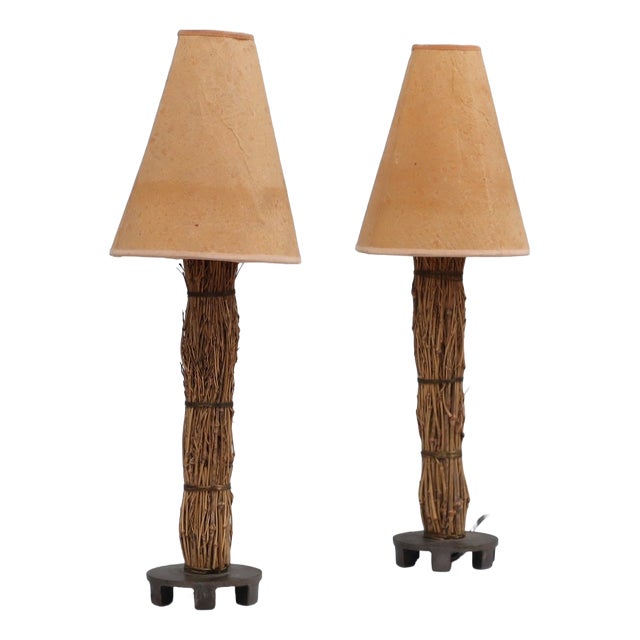Italian Table Lamps in Raffia & Parchment, 1970s, Set of 2 For Sale