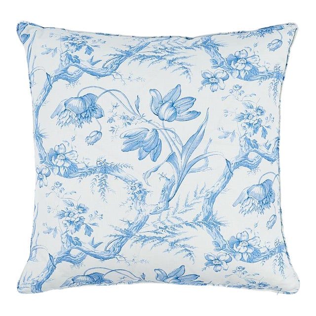 Schumacher Toile de Fleurs 22" Pillow in Delft For Sale
