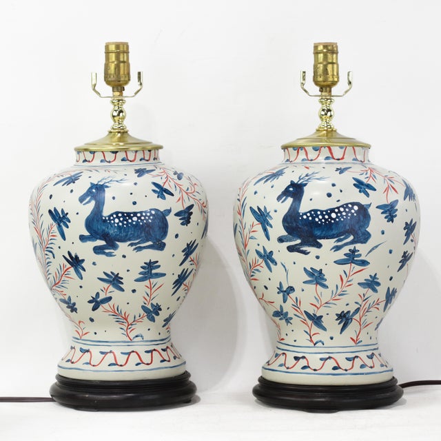 This pair of vintage Brunschwig & Fils Cadiz table lamps features a classic ceramic body finished in a warm, antiqued...