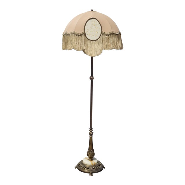 Vintage French Victorian Floor Lamp Light W Fringed Lamp Shade & Onyx Base For Sale