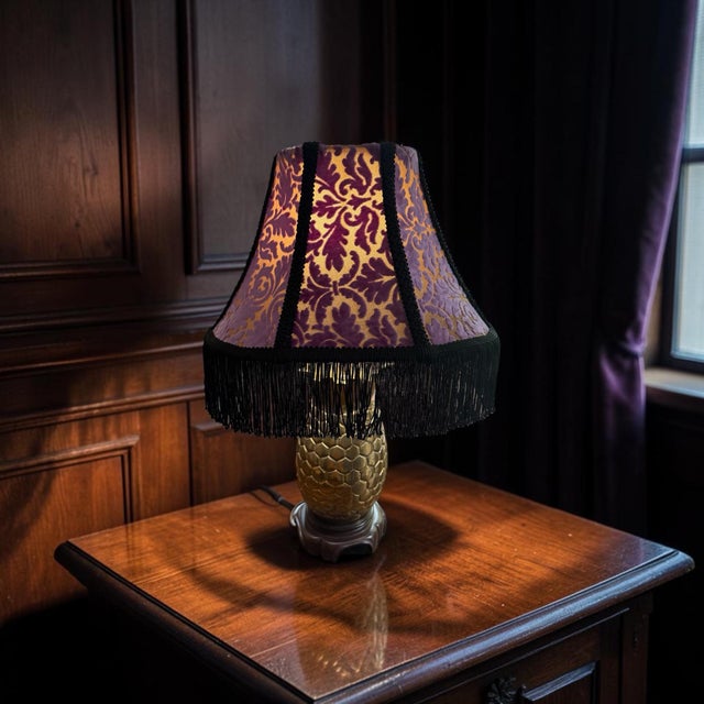Victorian Vintage Purple Velvet & Gold Leaf Lamp Shade With Black Rayon Chainette Fringe For Sale - Image 3 of 6