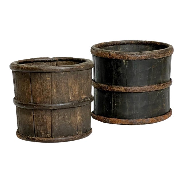 Pair of Rare Mini 19th Century Antique Chinese Wooden Buckets For Sale