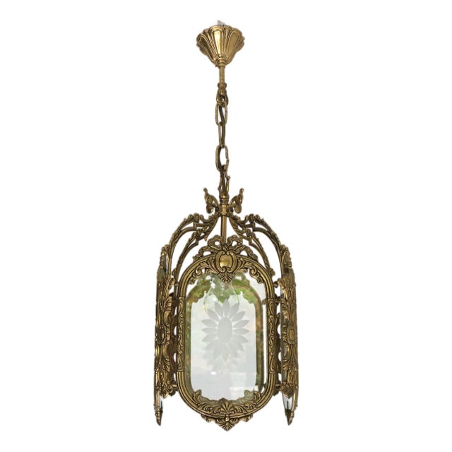 French Louis XVI Style Brass and Etched Glass Lantern, 1950s For Sale