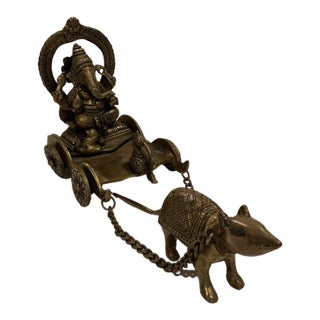 1980s Brass Lord Ganesha Bhagwan Idol Ganpati Statue Sitting on Mouse Driven Chariot For Sale