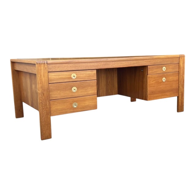 Mid-Century Modern Teak Executive Desk – Danish Style Double Pedestal Desk With Brass Pulls For Sale - Image 11 of 17