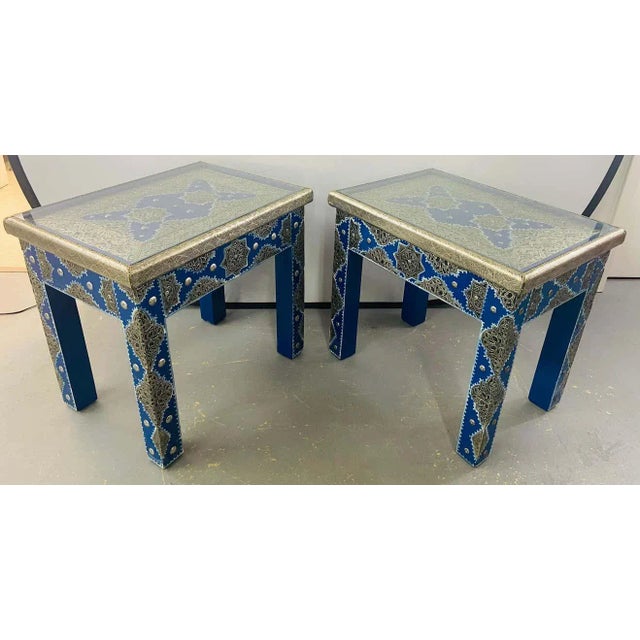 Boho Chic Style Moroccan Blue & Silver Rectangular Side or End Table, Pair For Sale - Image 4 of 13