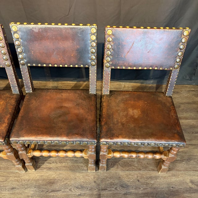 1900 - 1909 French Antique Leather and Nailhead Dining Chairs With Bobbin Legs -Set of 6 For Sale - Image 5 of 12