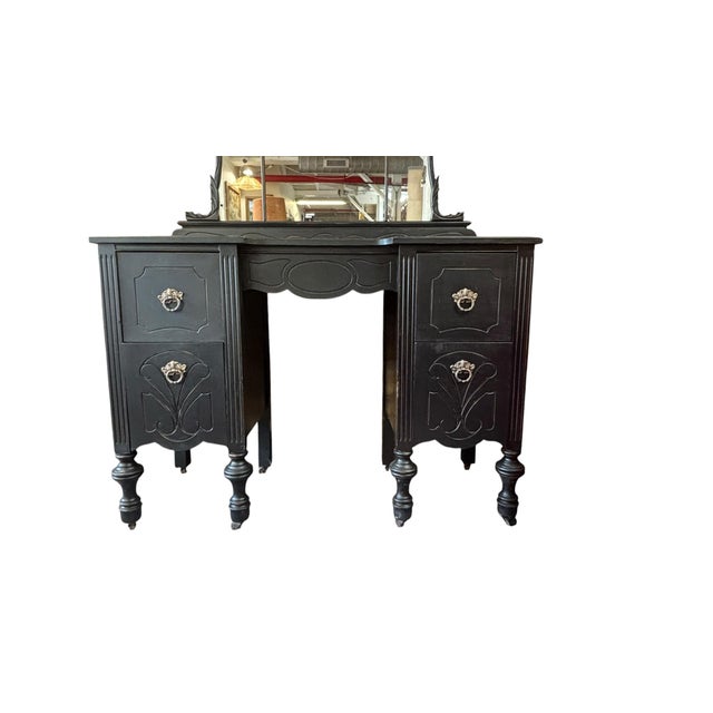 Wood Vintage Black Art Deco Vanity With Three-Part Mirror, Carved Wood & Ring Pull Hardware For Sale - Image 7 of 10