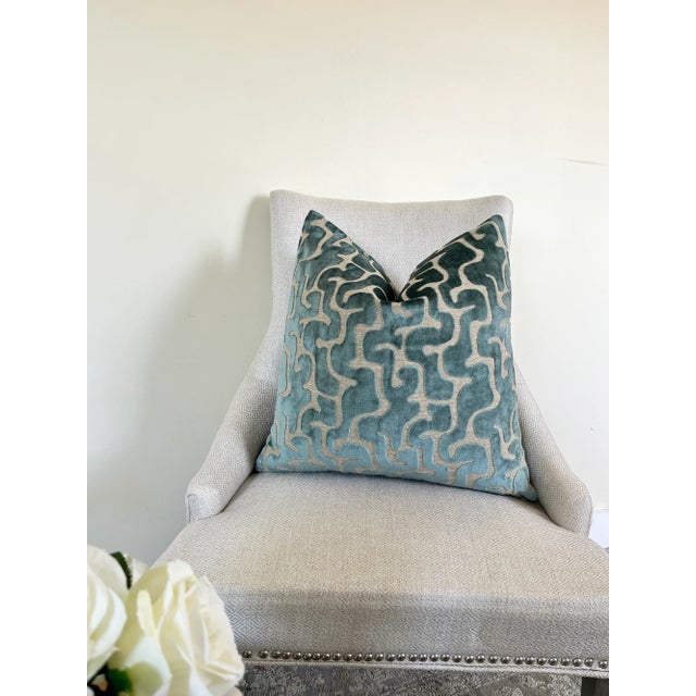 Contemporary Spruce Green Velvet Pillow With Feather Down Insert For Sale - Image 3 of 4
