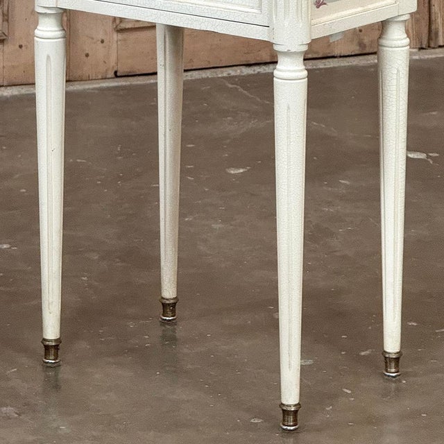 Late 20th Century Pair French Louis XVI Painted Side Tables ~ Nightstands With Carrara Marble For Sale - Image 12 of 18