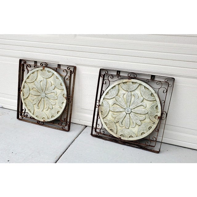 1980s Vintage Pair of Square Iron Framed Terracotta Relief Floral Medallion Wall Hangings For Sale - Image 9 of 12
