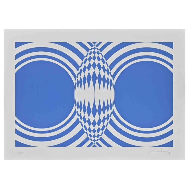 Modern Victor Debach, Blue Composition, Screen Print, 1970s For Sale - Image 3 of 3