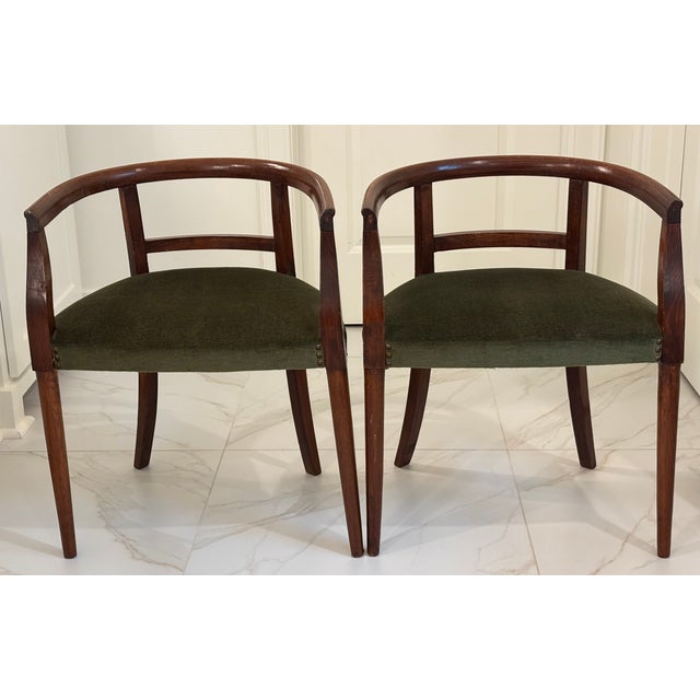 Petite Scale Mid-Century Italian Walnut Horseshoe Rail Back Armchairs - A Pair For Sale - Image 4 of 18