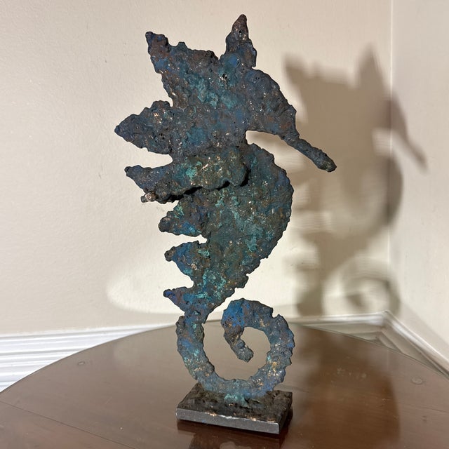 Just in! This charming bronze seahorse sculpture with a beautiful verdigris tint to him! One of a kind hand made brutalist...