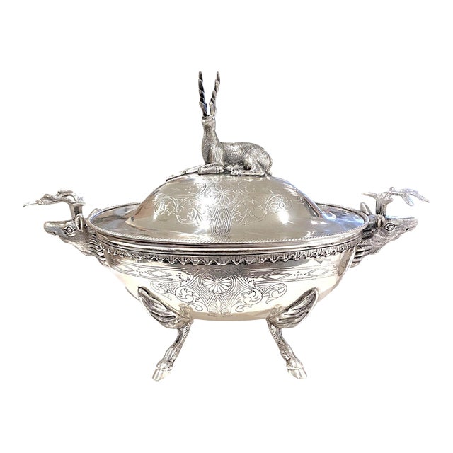 Silverplate Soup Tureen With Stag Motif Elk Deer Thanksgiving Victorian Style For Sale