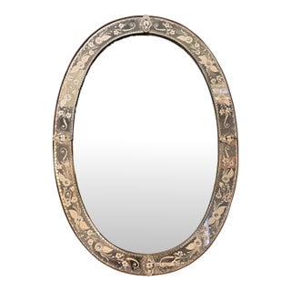 Early 20th Century Venetian Etched Glass Oval Mirror, 29” X 41” [Dk] For Sale