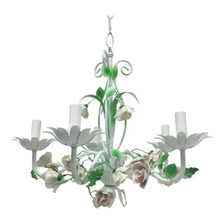 Vintage Italian Tole and Porcelain 5 Arm Chandelier With Pale Yellow and Pink Roses For Sale