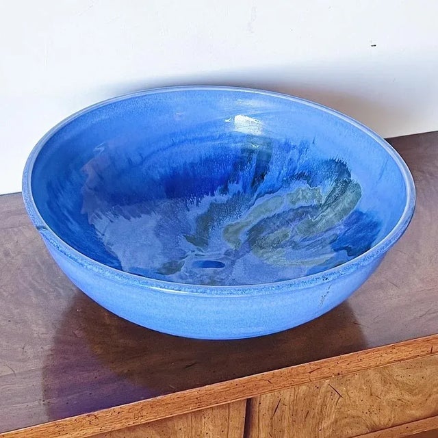 Vintage Large California Studio Pottery Decorative Centre Bowl in Blue Glazes, Signed For Sale In Los Angeles - Image 6 of 6