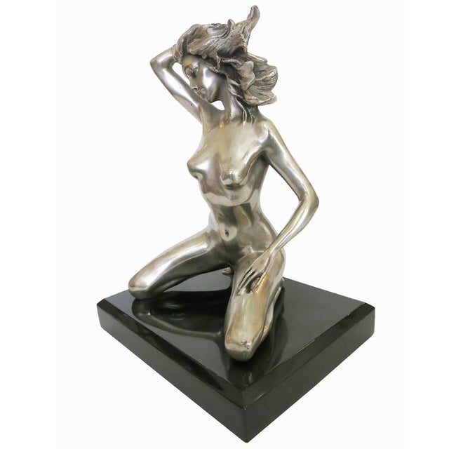 Modern 1970's Style Erotic Chromed Bronze Kneeling Nude Statue For Sale - Image 3 of 9
