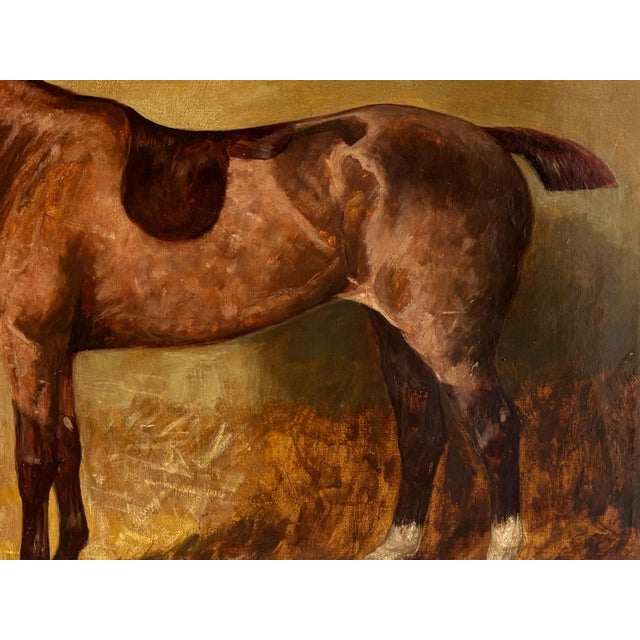 Chestnut 1910s “Chestnut Hunter in a Loose Box Stall” Antique Equestrian Horse Painting Oil on Canvas Attributed to Alfred Grenfell Haigh For Sale - Image 8 of 10