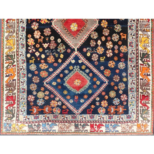 Tribal Vintage Persian Tribal Shiraz With Medallion Design on Dark Background 5'3 X 8'4 For Sale - Image 3 of 12