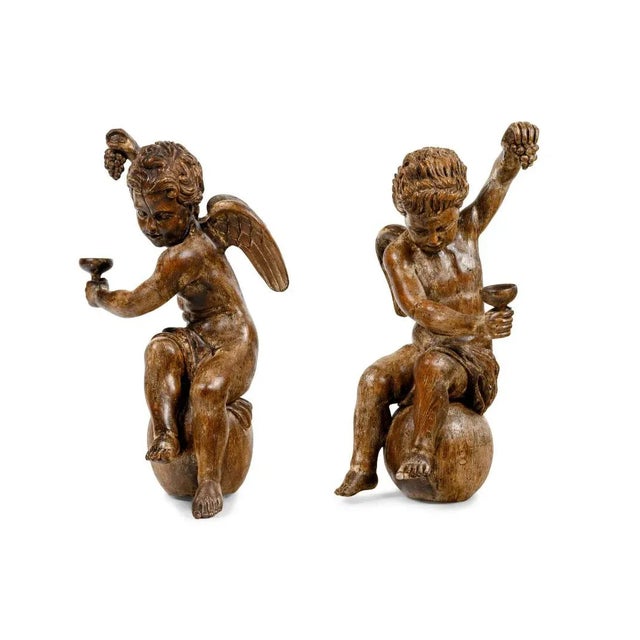 Pair of 19th Century Monumental Italian Wood Carved Angels sold as found in vintage condition showing natural fissures to...