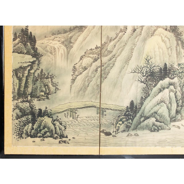 Wood 1970s Ming Style Monochrome Silk Screen "Mountain Landscape With River" For Sale - Image 7 of 18