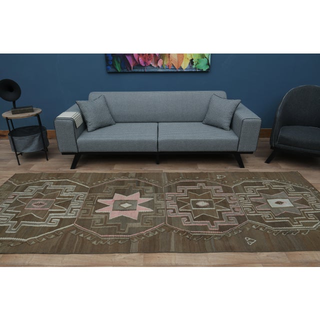 Art Deco 1970s Vintage Turkish Oushak Handmade Wool Cotton Green Runner Rug For Sale - Image 3 of 11