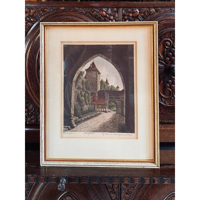 Wood Vintage Original Ernst Geissendorfer Hand-Colored Etching of Rothenburg Tauber, Germany, Circa 1960s For Sale - Image 7 of 10