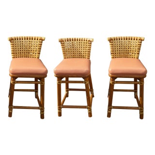 Vintage McGuire Bamboo & Coral Leather Bar Stools - Set of 3 For Sale
