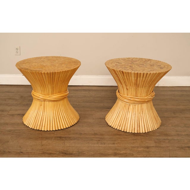 High Quality Vintage Pair of Rattan Pedestal End Tables, In The Style Of McGuire (Not Labeled)