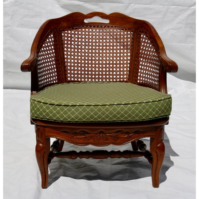 Mid 20th Century Carved French Country Cane Barrel Armchairs With Green Cushions-Set of 4 For Sale - Image 4 of 16