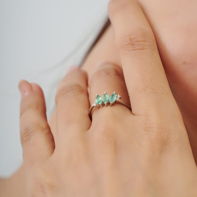 Handmade Three Stone Marquise Emerald & Diamond Ring in 925 Silver Size 7.5 For Sale - Image 10 of 13