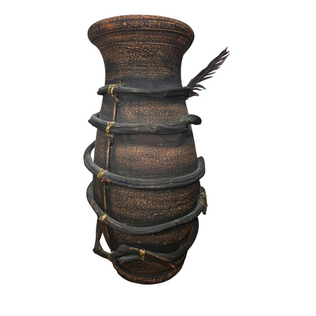 Textile Mid 20th Century Handmade Primitive Clay Vase W/ Wrapped Vine & Feather | Tribal Boho Rustic Deco For Sale - Image 7 of 13