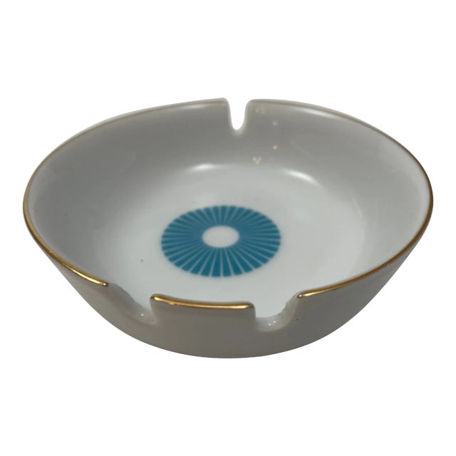 Vintage White Porcelain Ashtray With Gold Rim and Blue Design 1960s For Sale