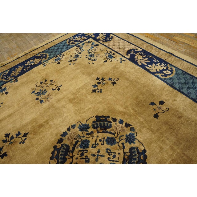 1920s Tan Beige Medallion Art Deco Antique Chinese Peking Carpet 8'10'' X 11'5'' Handknotted Wool Rug For Sale - Image 4 of 6