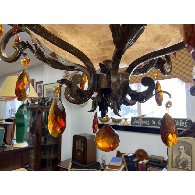 Metal Vintage Fredrick Ramond Alabaster Glass Lighted Chandelier, Amber Crystal Glass, Six Lights, Metal For Sale - Image 7 of 11