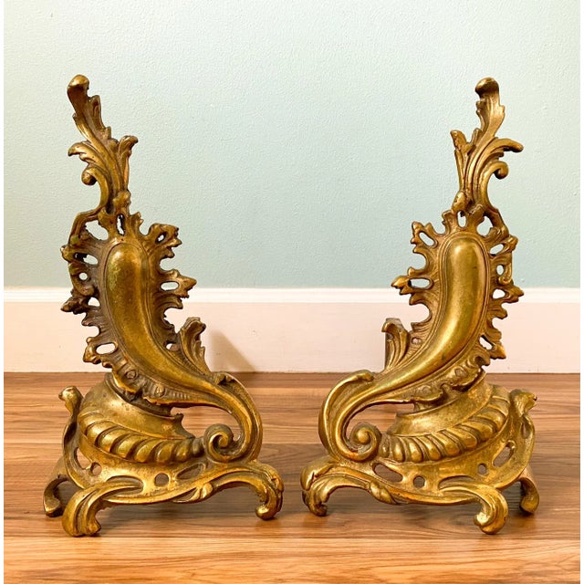 19th C. French Rococo Brass Andirons – A Pair – Gilded Age / European Antique For Sale - Image 4 of 12