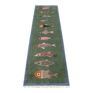Koi Fish Olive Green Hand Knotted Runner Rug 2.6x20Ft. For Sale