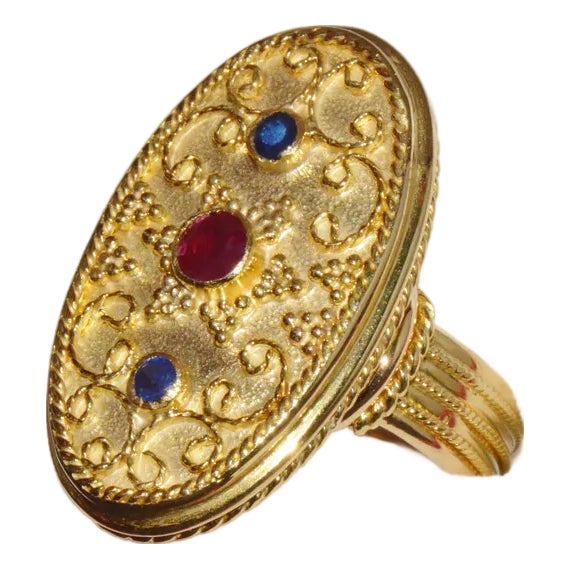 Gorgeous Natural Ruby Sapphire 18K 750 Solid Gold Etruscan Cannetille Greek Ring, size 7.5 For Sale
