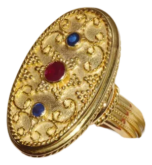 Gorgeous Natural Ruby Sapphire 18K 750 Solid Gold Etruscan Cannetille Greek Ring, size 7.5