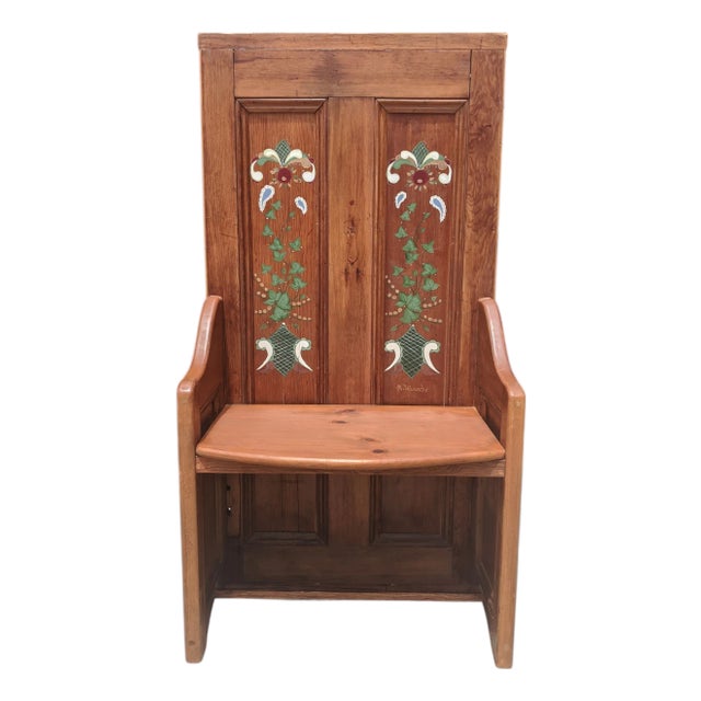 Vintage Folk Art Hand Painted Oak Hall Chair Bench For Sale