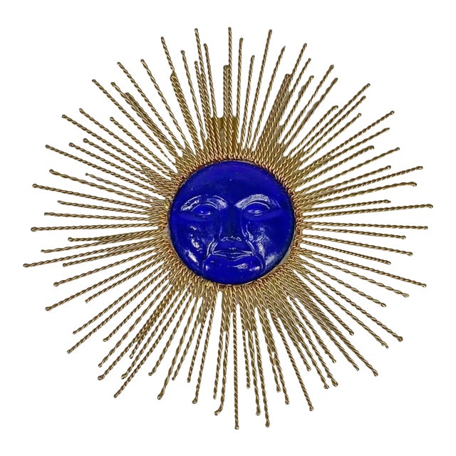 Mid Century Cobalt Blue Glass and Gilt Metal Solar Wall Plaque For Sale